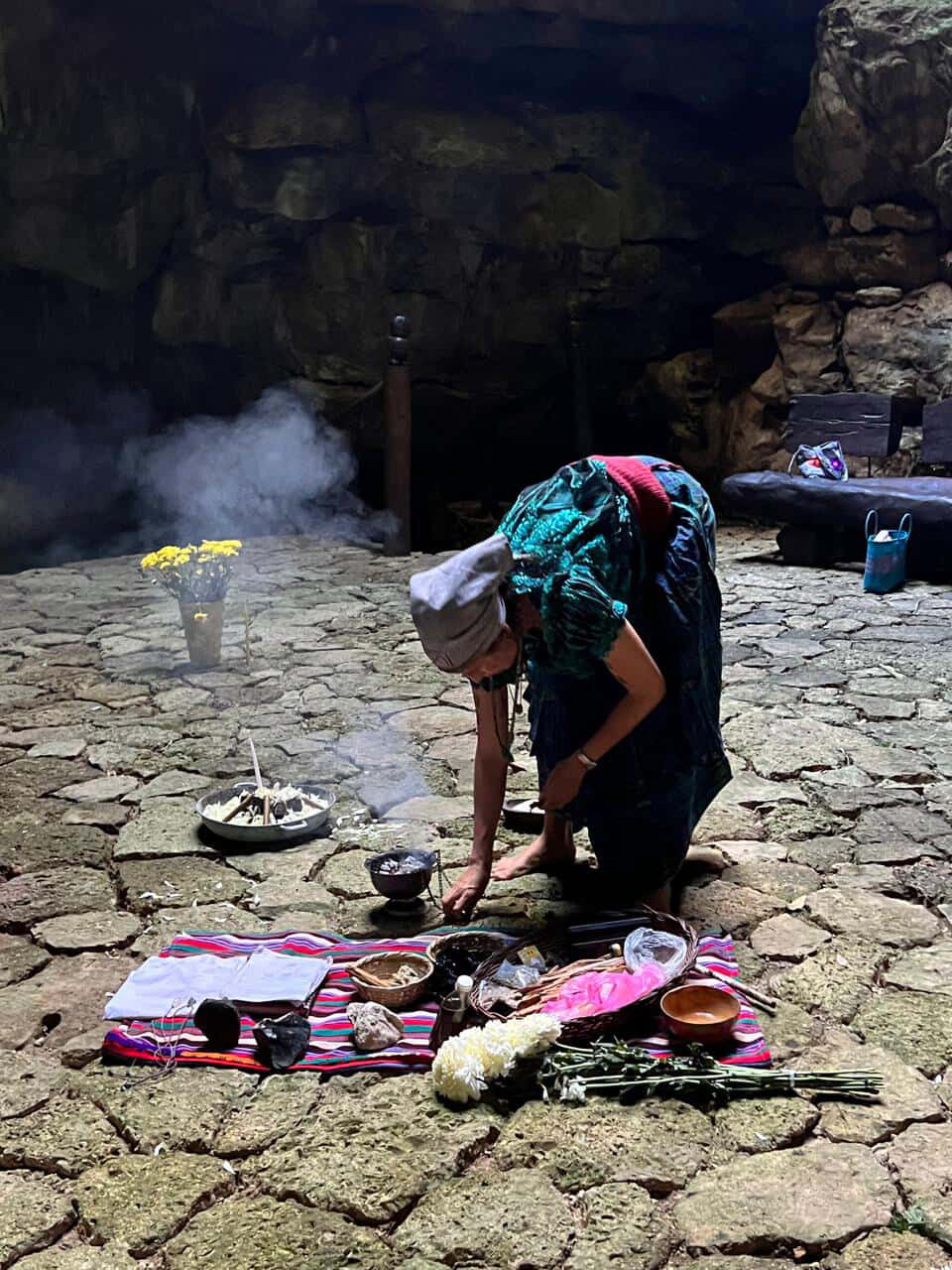 Traditional ceremonial preparation in a stone setting in Yucatán