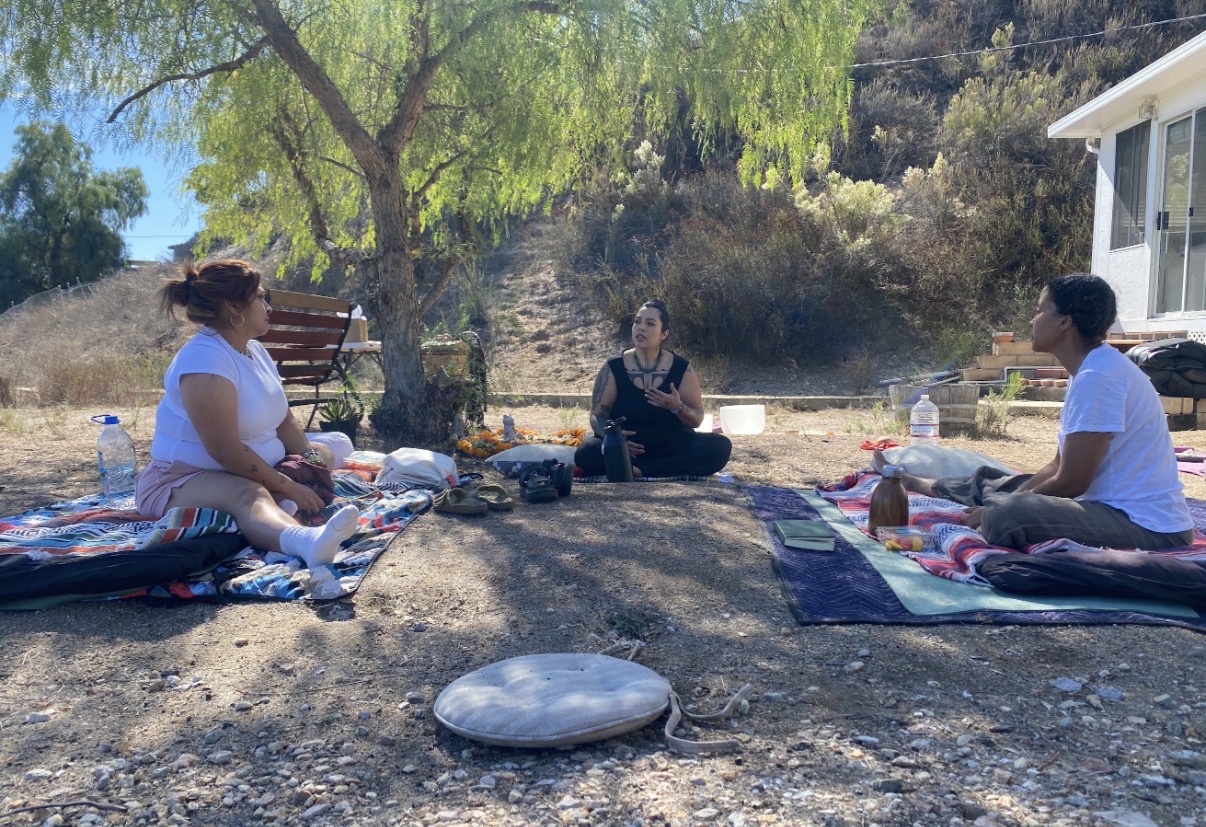 Small circle seated on blankets under a tree during a Kambo and Bufo day retreat